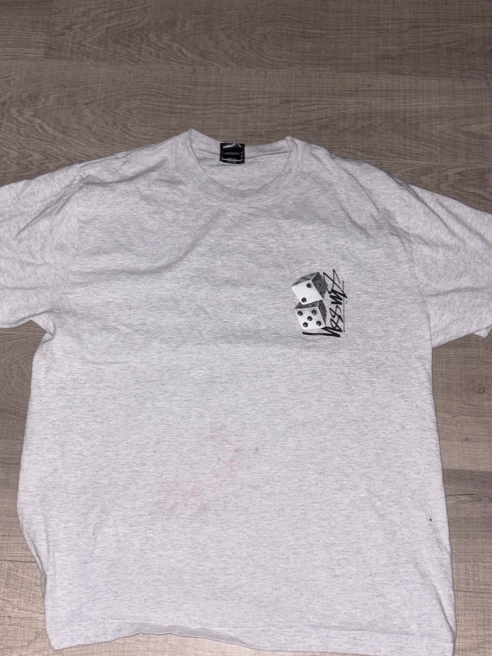 Stussy Light Gray Crewneck Tee with Dice Chest Graphic